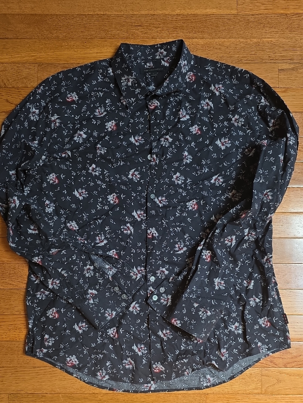 John Varvatos Black Floral Button-Down Shirt with Red & White Accents,  Size L